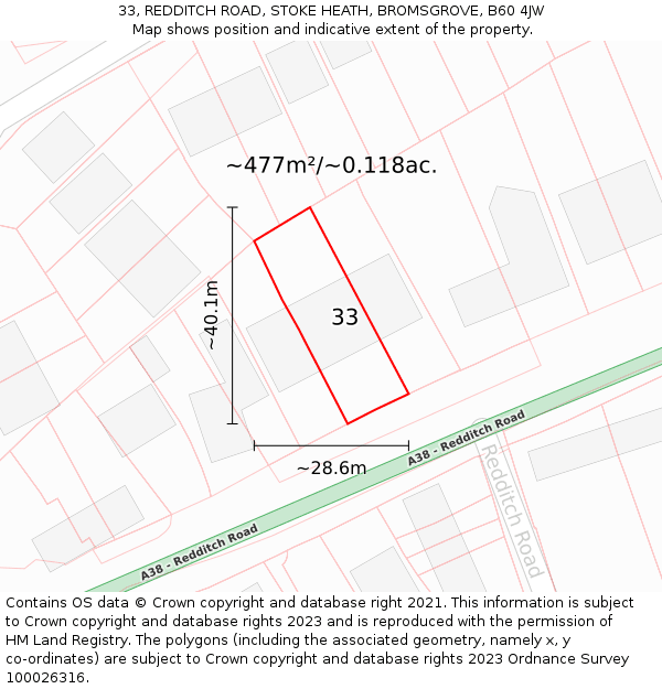 33, REDDITCH ROAD, STOKE HEATH, BROMSGROVE, B60 4JW: Plot and title map