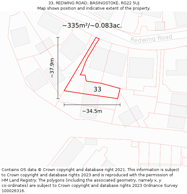 33, REDWING ROAD, BASINGSTOKE, RG22 5UJ: Plot and title map