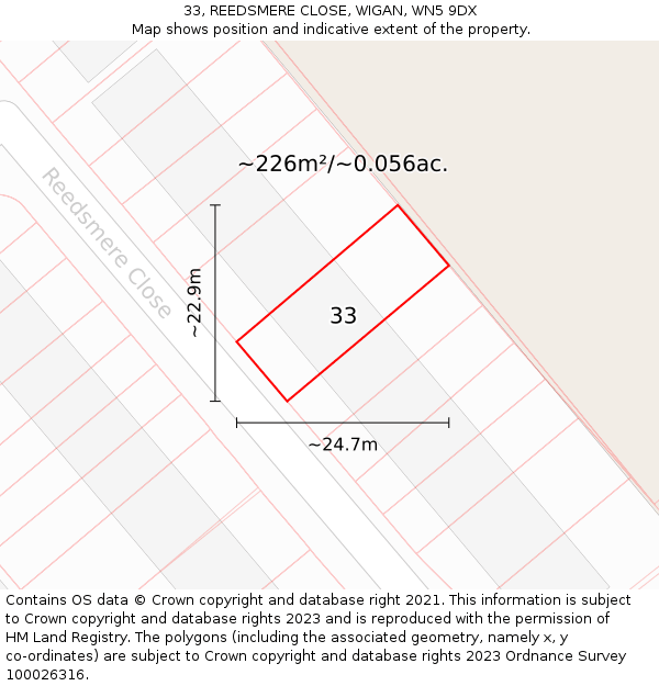 33, REEDSMERE CLOSE, WIGAN, WN5 9DX: Plot and title map