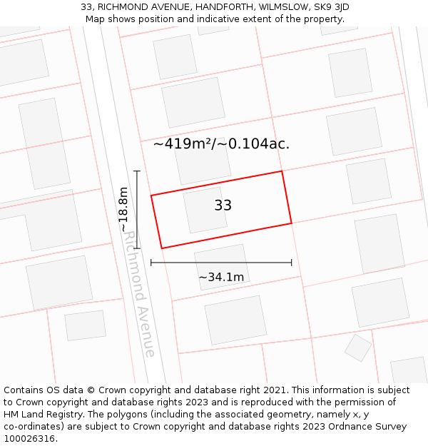 33, RICHMOND AVENUE, HANDFORTH, WILMSLOW, SK9 3JD: Plot and title map
