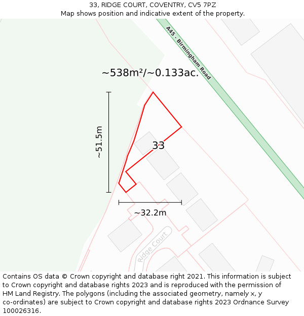 33, RIDGE COURT, COVENTRY, CV5 7PZ: Plot and title map
