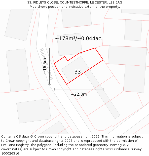 33, RIDLEYS CLOSE, COUNTESTHORPE, LEICESTER, LE8 5AG: Plot and title map