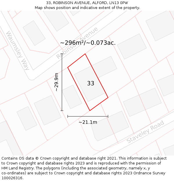 33, ROBINSON AVENUE, ALFORD, LN13 0PW: Plot and title map