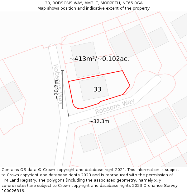 33, ROBSONS WAY, AMBLE, MORPETH, NE65 0GA: Plot and title map