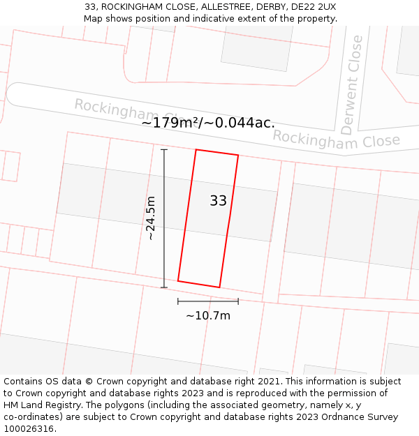 33, ROCKINGHAM CLOSE, ALLESTREE, DERBY, DE22 2UX: Plot and title map