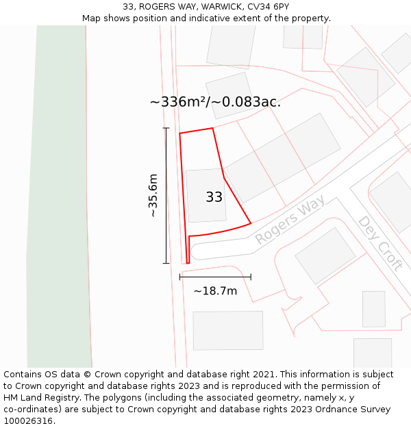 33, ROGERS WAY, WARWICK, CV34 6PY: Plot and title map