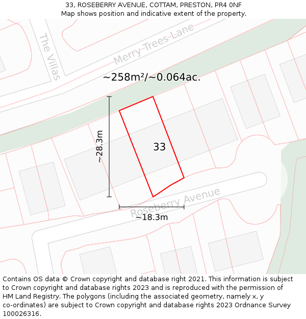 33, ROSEBERRY AVENUE, COTTAM, PRESTON, PR4 0NF: Plot and title map