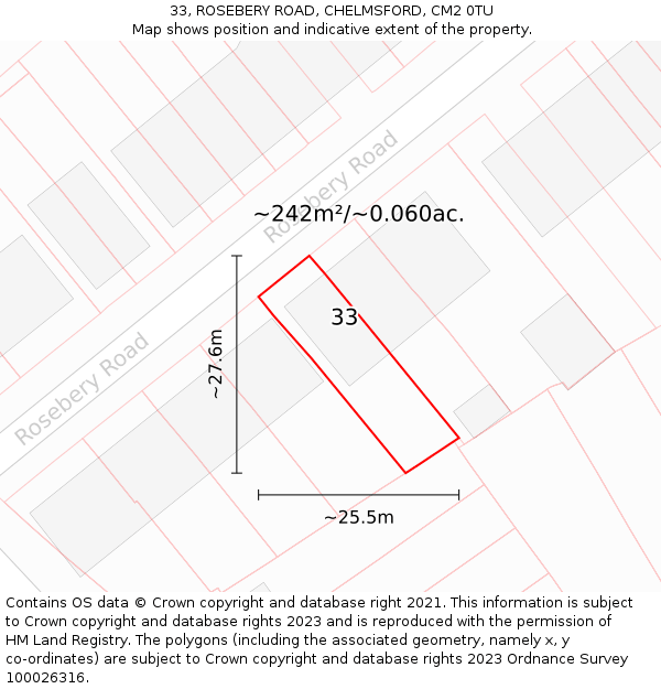 33, ROSEBERY ROAD, CHELMSFORD, CM2 0TU: Plot and title map