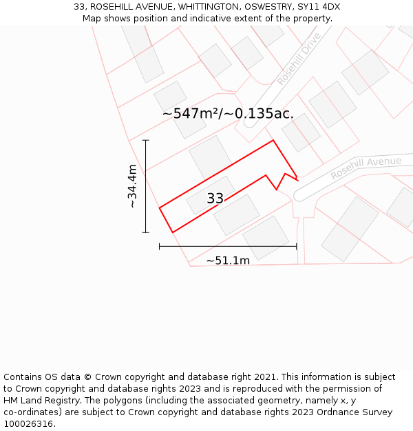 33, ROSEHILL AVENUE, WHITTINGTON, OSWESTRY, SY11 4DX: Plot and title map