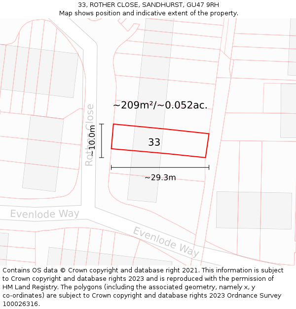 33, ROTHER CLOSE, SANDHURST, GU47 9RH: Plot and title map