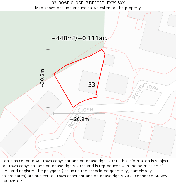 33, ROWE CLOSE, BIDEFORD, EX39 5XX: Plot and title map