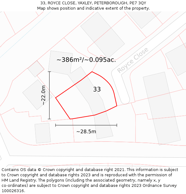 33, ROYCE CLOSE, YAXLEY, PETERBOROUGH, PE7 3QY: Plot and title map