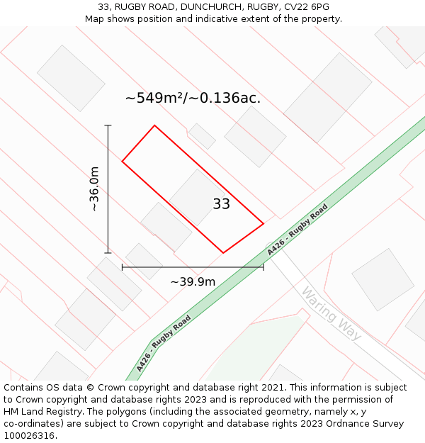33, RUGBY ROAD, DUNCHURCH, RUGBY, CV22 6PG: Plot and title map