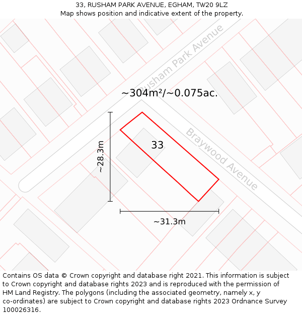 33, RUSHAM PARK AVENUE, EGHAM, TW20 9LZ: Plot and title map