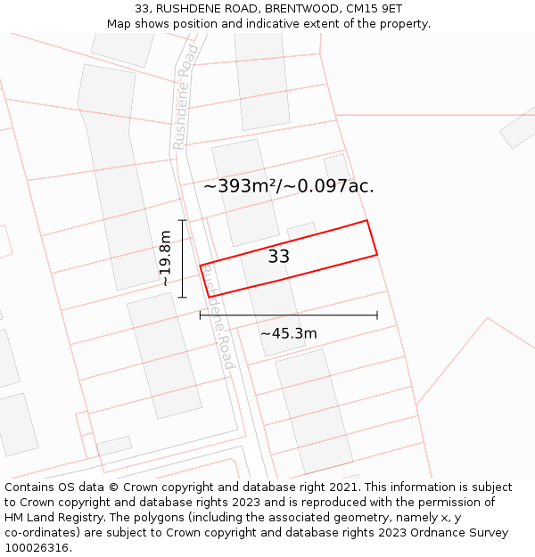 33, RUSHDENE ROAD, BRENTWOOD, CM15 9ET: Plot and title map
