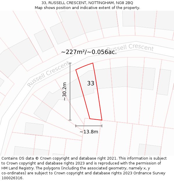 33, RUSSELL CRESCENT, NOTTINGHAM, NG8 2BQ: Plot and title map