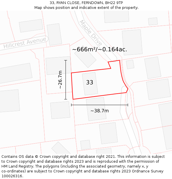 33, RYAN CLOSE, FERNDOWN, BH22 9TP: Plot and title map
