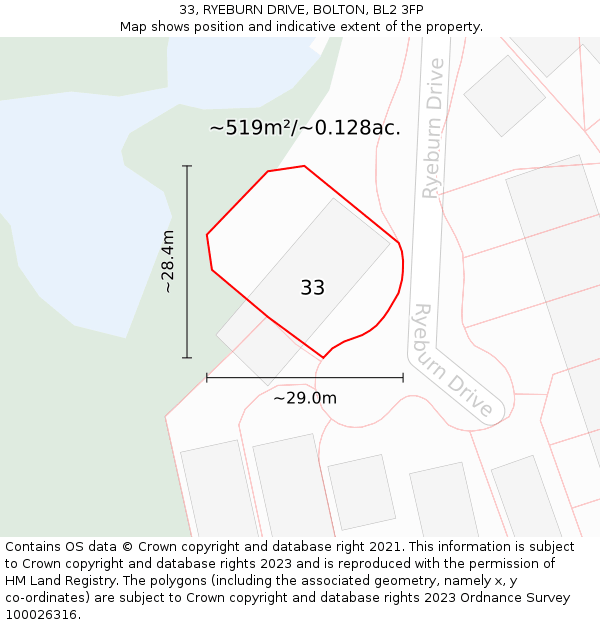 33, RYEBURN DRIVE, BOLTON, BL2 3FP: Plot and title map