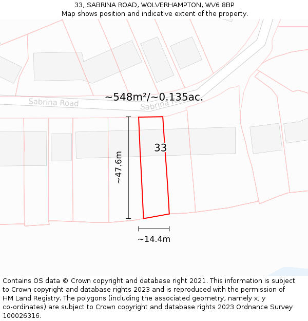 33, SABRINA ROAD, WOLVERHAMPTON, WV6 8BP: Plot and title map