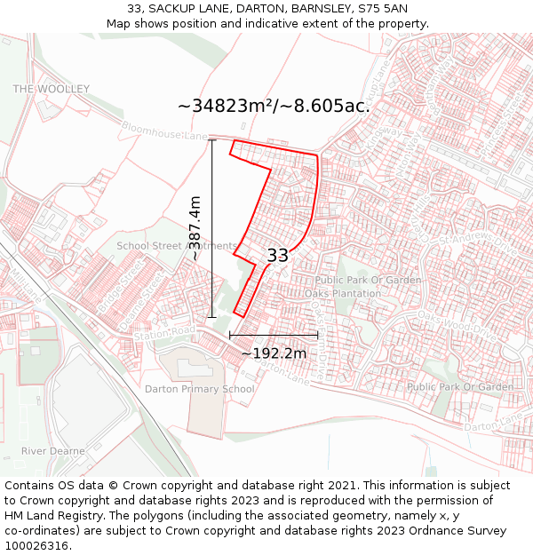 33, SACKUP LANE, DARTON, BARNSLEY, S75 5AN: Plot and title map