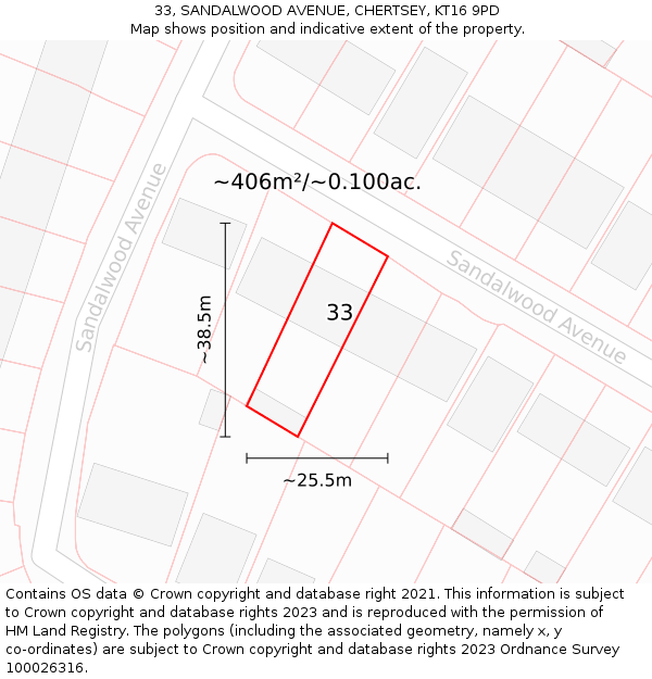 33, SANDALWOOD AVENUE, CHERTSEY, KT16 9PD: Plot and title map