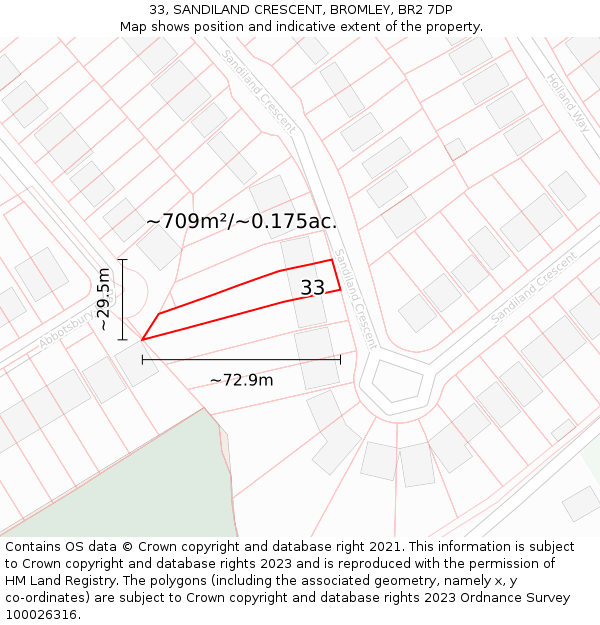 33, SANDILAND CRESCENT, BROMLEY, BR2 7DP: Plot and title map