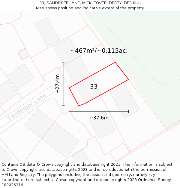 33, SANDPIPER LANE, MICKLEOVER, DERBY, DE3 0UU: Plot and title map