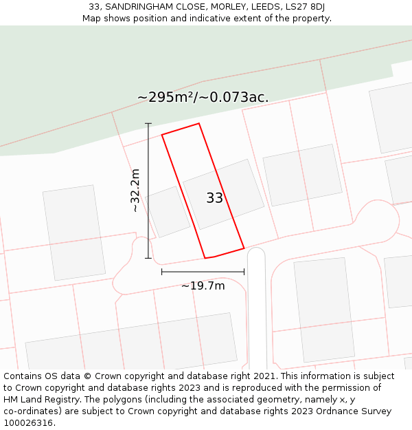 33, SANDRINGHAM CLOSE, MORLEY, LEEDS, LS27 8DJ: Plot and title map