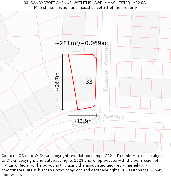 33, SANDYCROFT AVENUE, WYTHENSHAWE, MANCHESTER, M22 9AL: Plot and title map