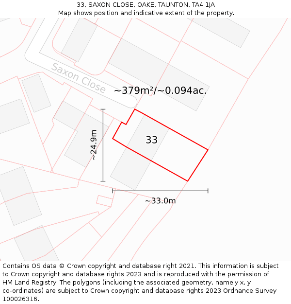 33, SAXON CLOSE, OAKE, TAUNTON, TA4 1JA: Plot and title map
