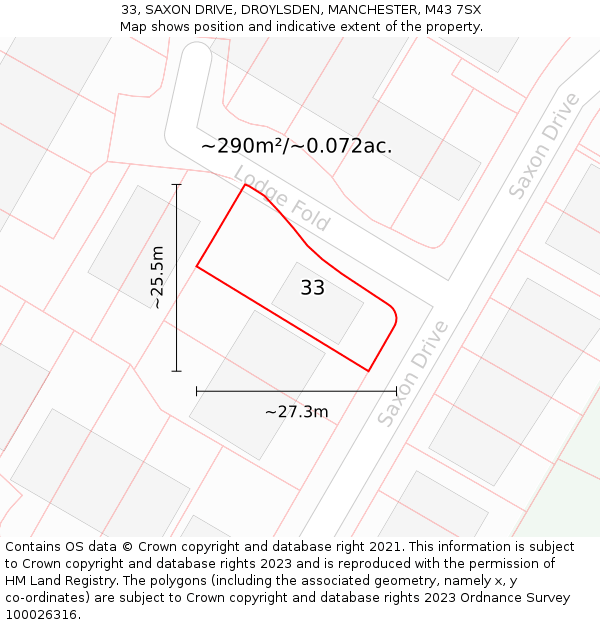 33, SAXON DRIVE, DROYLSDEN, MANCHESTER, M43 7SX: Plot and title map