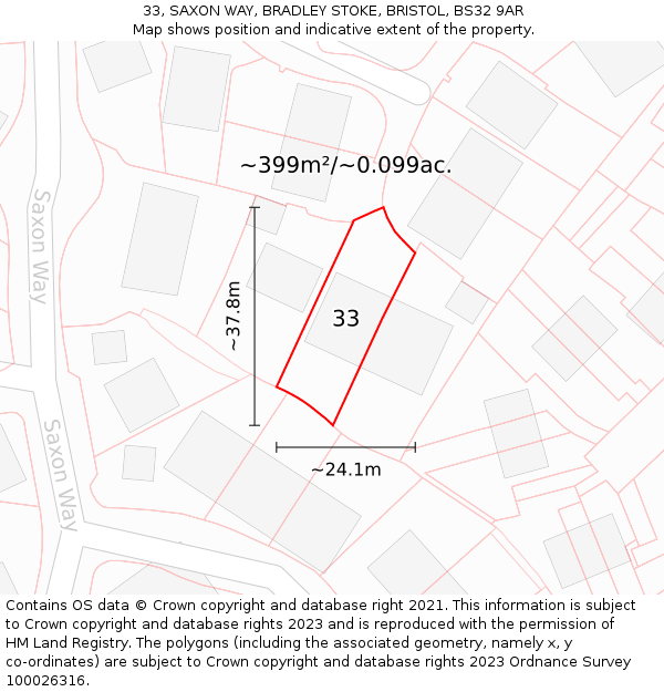 33, SAXON WAY, BRADLEY STOKE, BRISTOL, BS32 9AR: Plot and title map