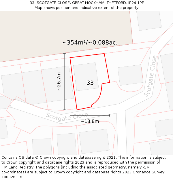 33, SCOTGATE CLOSE, GREAT HOCKHAM, THETFORD, IP24 1PF: Plot and title map