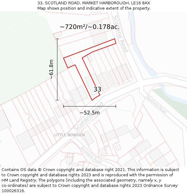 33, SCOTLAND ROAD, MARKET HARBOROUGH, LE16 8AX: Plot and title map