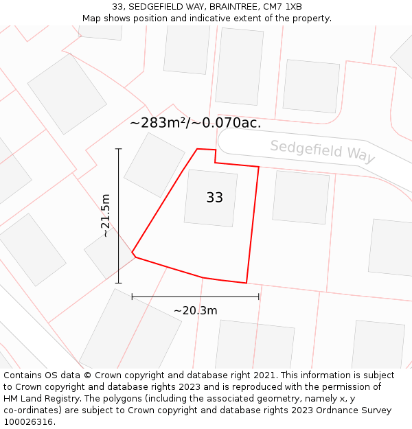 33, SEDGEFIELD WAY, BRAINTREE, CM7 1XB: Plot and title map