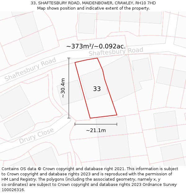 33, SHAFTESBURY ROAD, MAIDENBOWER, CRAWLEY, RH10 7HD: Plot and title map