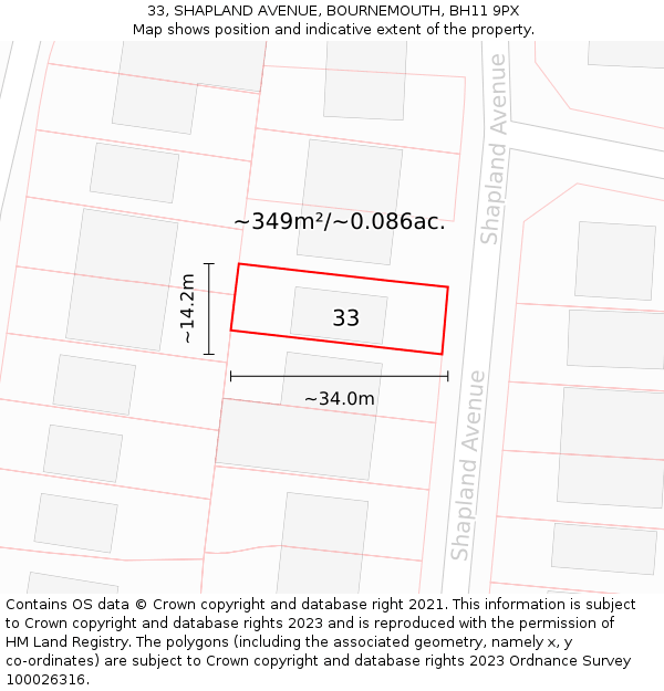 33, SHAPLAND AVENUE, BOURNEMOUTH, BH11 9PX: Plot and title map