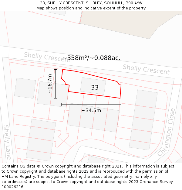33, SHELLY CRESCENT, SHIRLEY, SOLIHULL, B90 4YW: Plot and title map