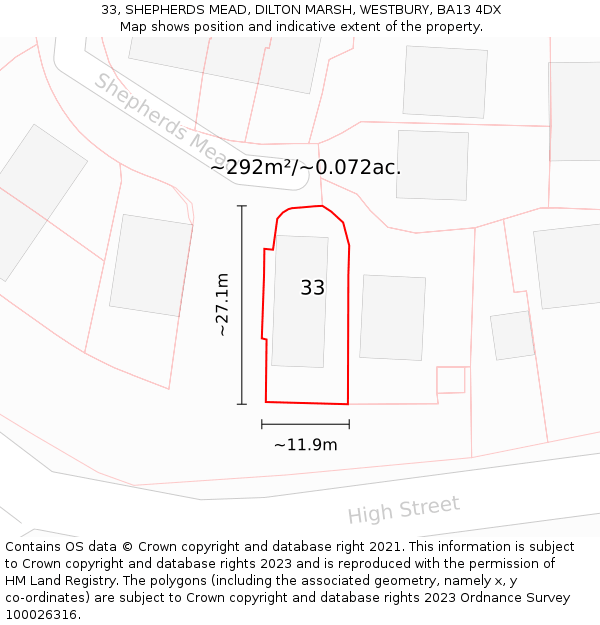 33, SHEPHERDS MEAD, DILTON MARSH, WESTBURY, BA13 4DX: Plot and title map