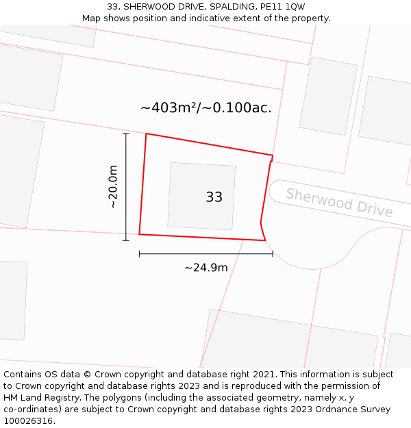 33, SHERWOOD DRIVE, SPALDING, PE11 1QW: Plot and title map