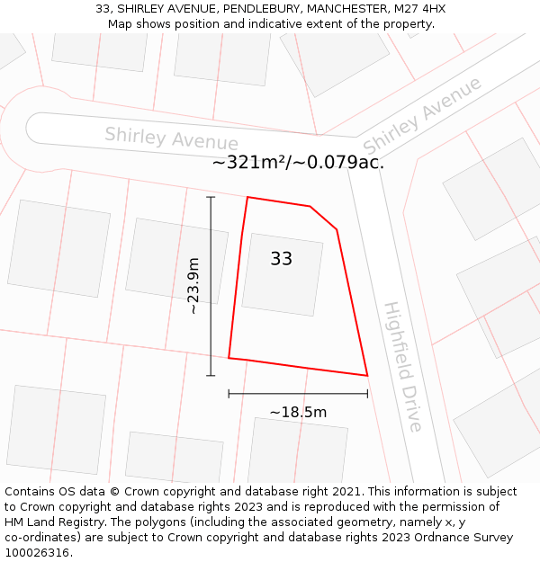 33, SHIRLEY AVENUE, PENDLEBURY, MANCHESTER, M27 4HX: Plot and title map
