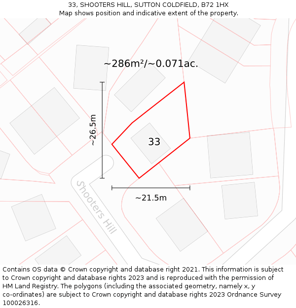33, SHOOTERS HILL, SUTTON COLDFIELD, B72 1HX: Plot and title map