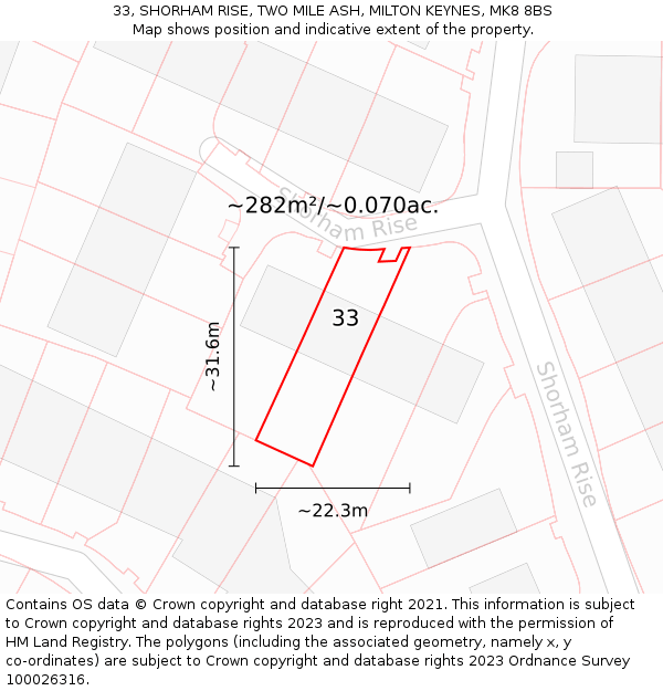 33, SHORHAM RISE, TWO MILE ASH, MILTON KEYNES, MK8 8BS: Plot and title map