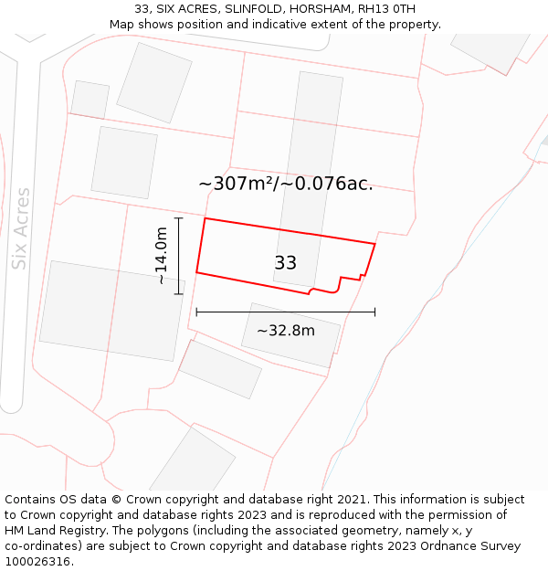 33, SIX ACRES, SLINFOLD, HORSHAM, RH13 0TH: Plot and title map