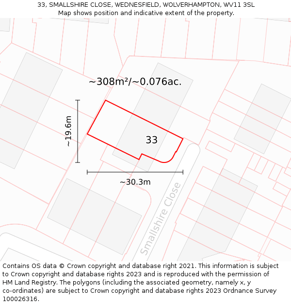 33, SMALLSHIRE CLOSE, WEDNESFIELD, WOLVERHAMPTON, WV11 3SL: Plot and title map