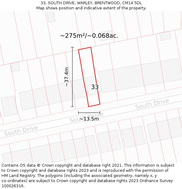33, SOUTH DRIVE, WARLEY, BRENTWOOD, CM14 5DL: Plot and title map