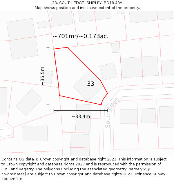 33, SOUTH EDGE, SHIPLEY, BD18 4RA: Plot and title map