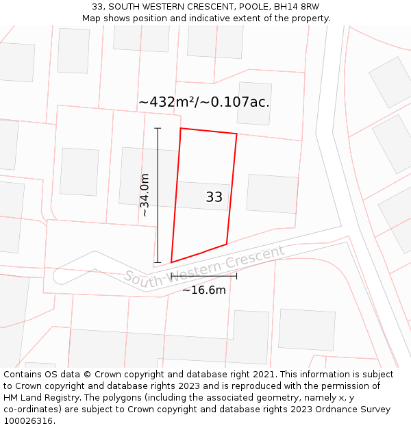 33, SOUTH WESTERN CRESCENT, POOLE, BH14 8RW: Plot and title map