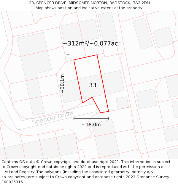 33, SPENCER DRIVE, MIDSOMER NORTON, RADSTOCK, BA3 2DN: Plot and title map