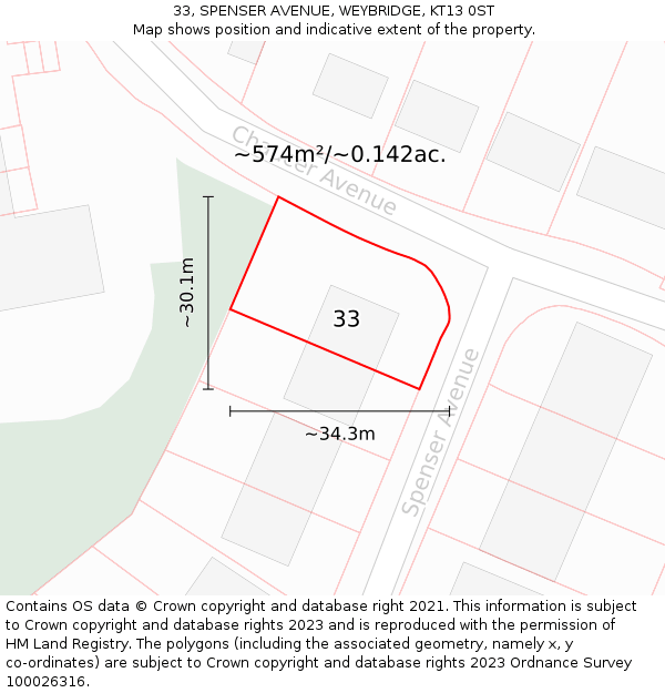 33, SPENSER AVENUE, WEYBRIDGE, KT13 0ST: Plot and title map